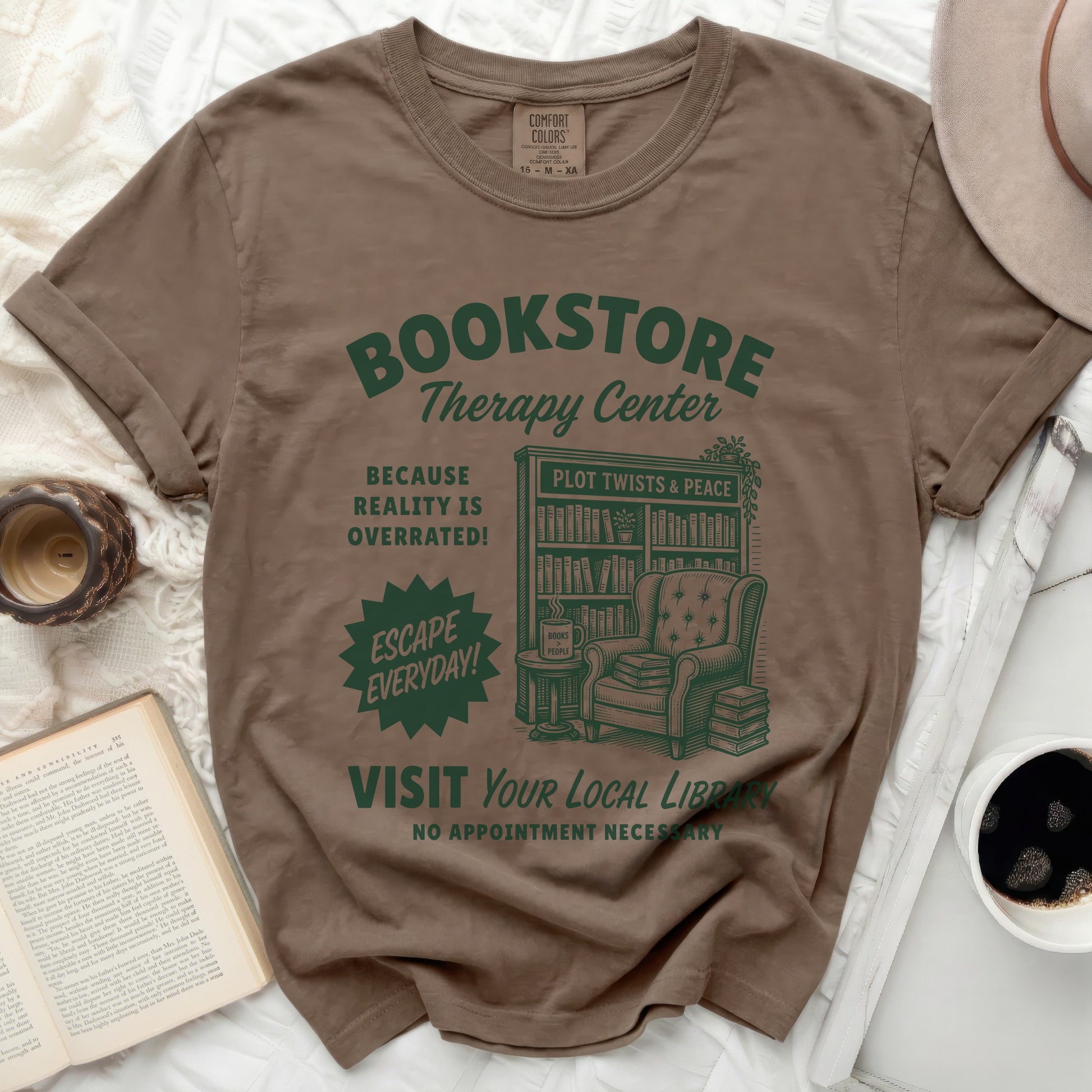Comfort Colors t-shirt with Bookstore Therapy Center graphic and reading theme.