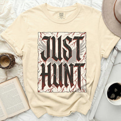 T-shirt with "JUST HUNT" text and distressed wings graphic.
