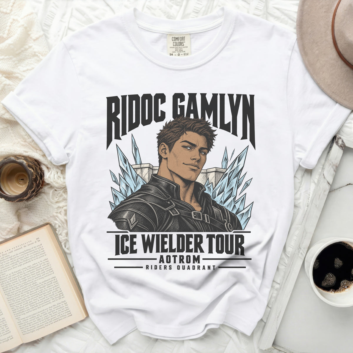 White t-shirt with "RIDOC GAMLYN ICE WIELDER TOUR AOTROM RIDERS QUADRANT" graphic.