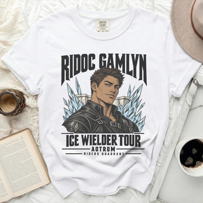 White t-shirt with "RIDOC GAMLYN ICE WIELDER TOUR AOTROM RIDERS QUADRANT" graphic.