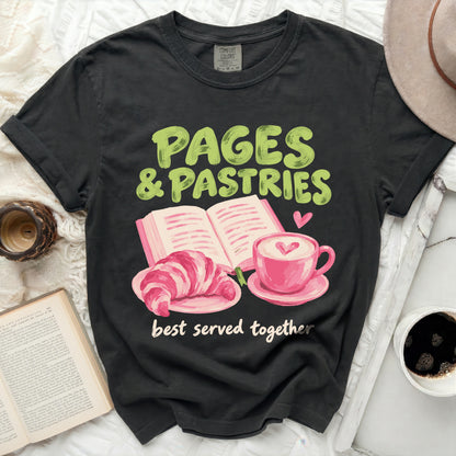 Black t-shirt with "PAGES & PASTRIES best served together" graphic.