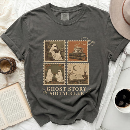Ghost Story Social Club graphic tee with four postage stamp illustrations of ghosts.