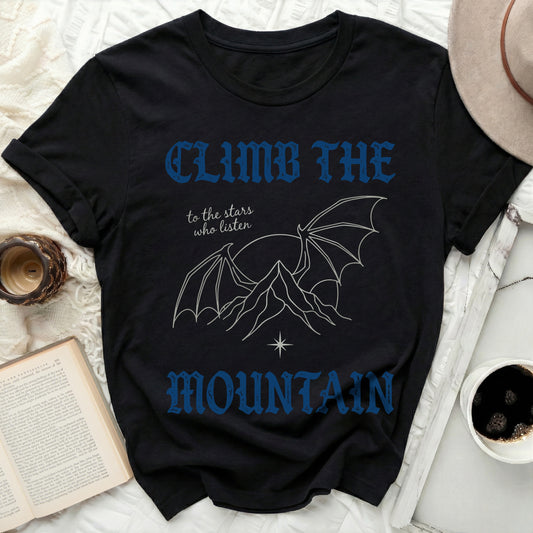 CLIMB THE MOUNTAIN to the stars who listen Graphic product type

Black shirt
Graphic shirt
Mountain print
Dragon wing art
Celestial design
Stars who listen quote
Climb the mountain quote
Fantasy apparel
Adventure wear
Nature graphic
Unique design
Aesthetic fashion
Bookish gift
Mystical shirt
Spiritual theme
Unisex clothing
Dark fantasy
Statement piece
Inspirational shirt
Gothic style