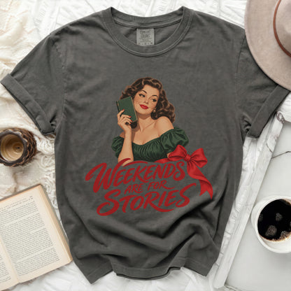 Graphic tee with vintage illustration and "Weekends Are For Stories" text.
