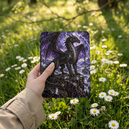Dark dragon standing on cliff with castle and lightning in background.
