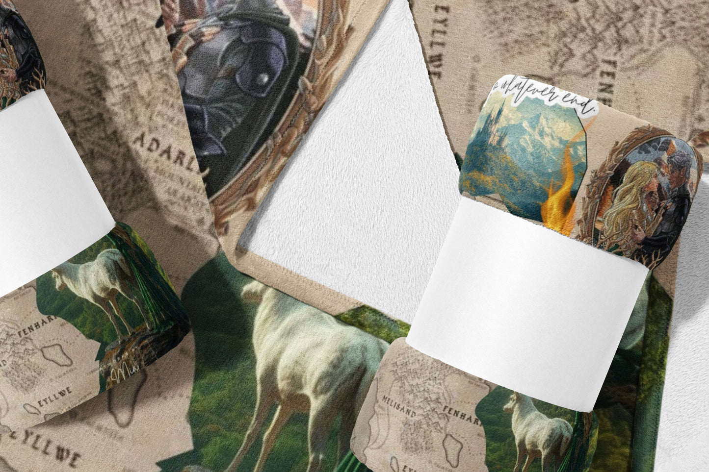Fuzzy blanket with fantasy map, deer, and character illustrations.