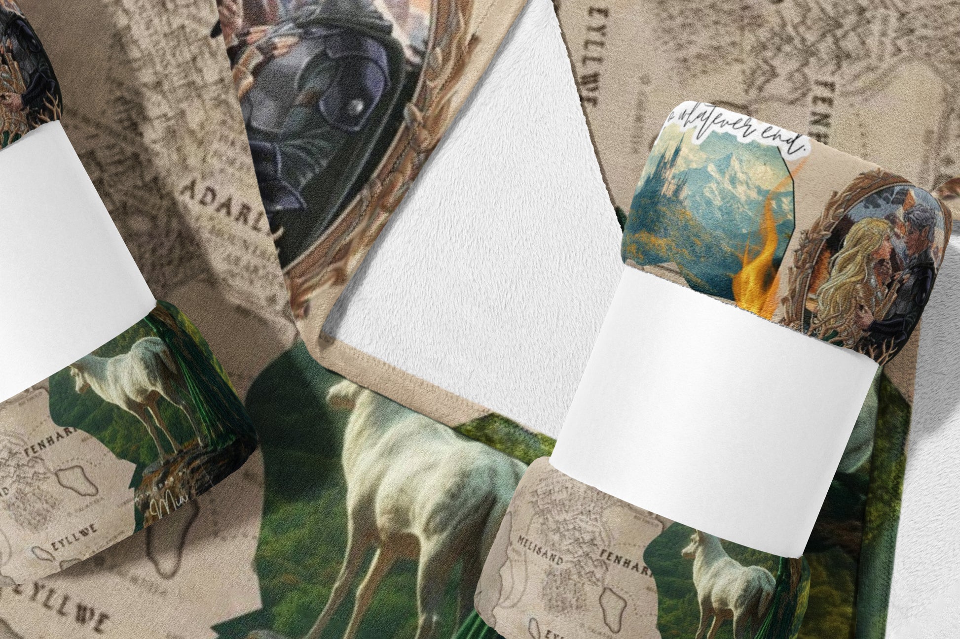 Fuzzy blanket with fantasy map, deer, and character illustrations.