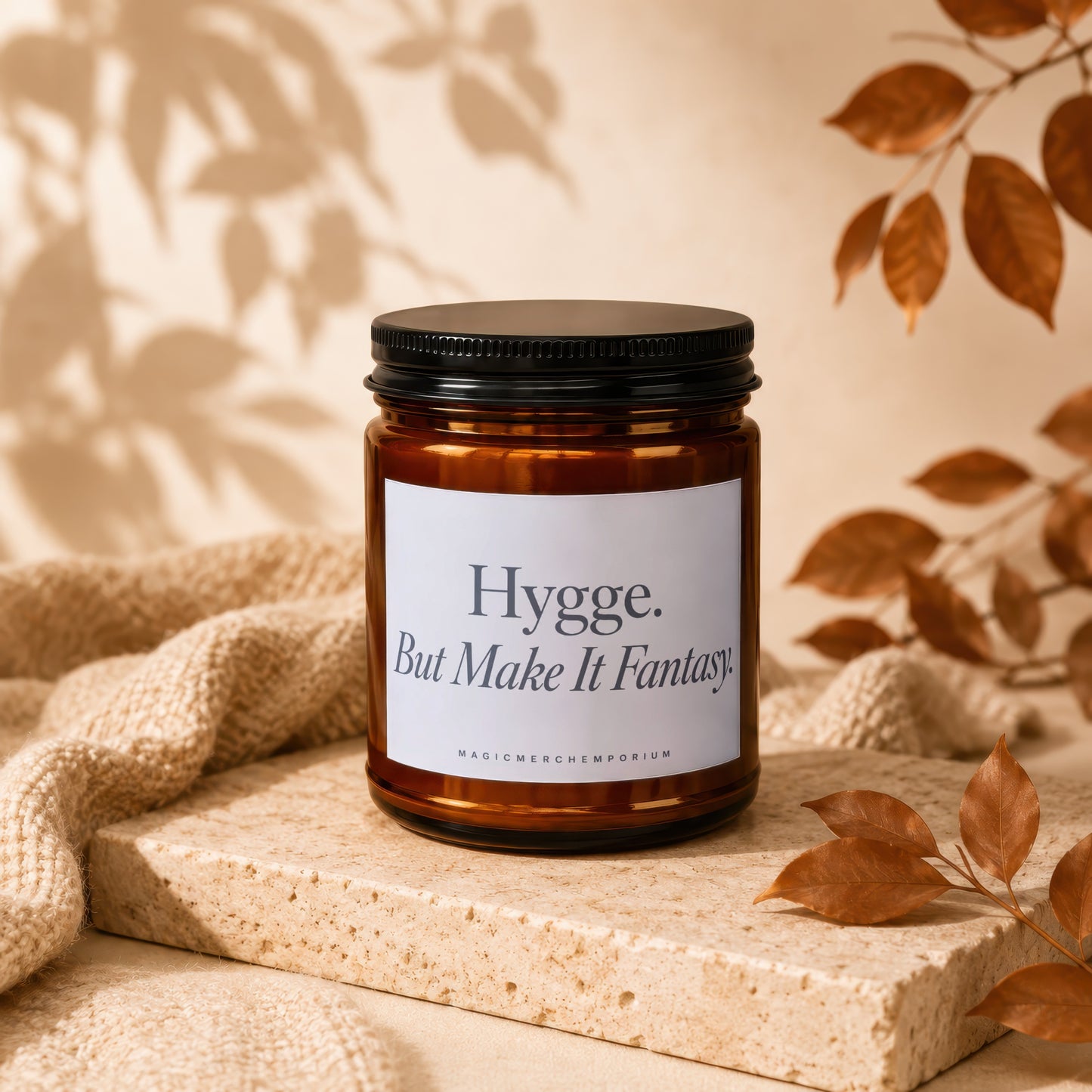 Amber candle with label "Hygge. But Make It Fantasy."