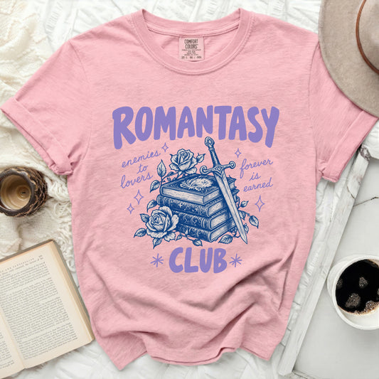 Pink t-shirt with "Romantasy Club" text, book, rose, and sword design.