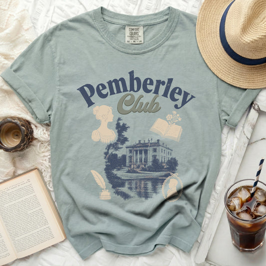 Green t-shirt with "Pemberley Club" text and vintage illustrations.