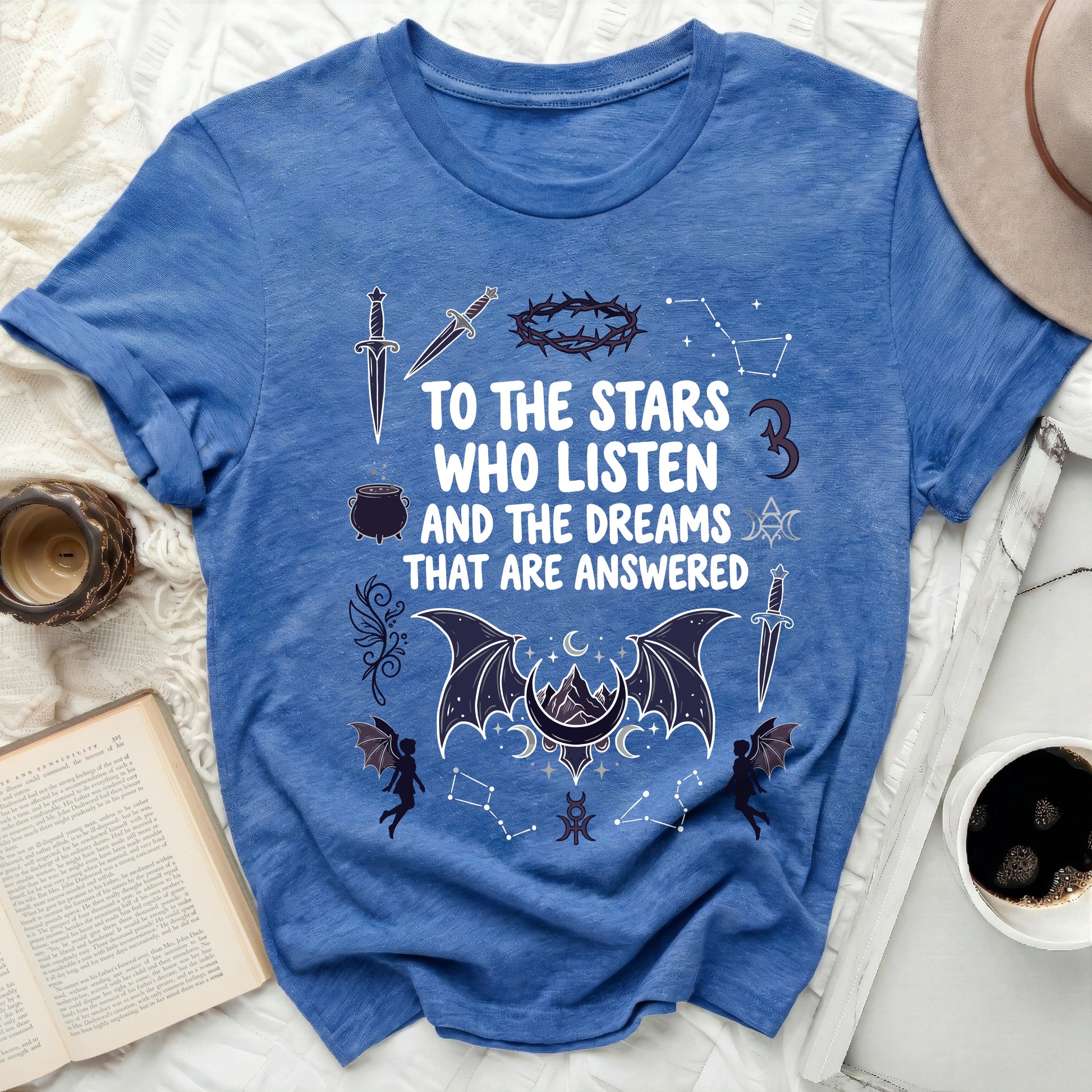 Stars Who Listen And Dreams That Answered product type
ACOTAR Inspired Fantasy Book Merch Celestial Theme Stars Who Listen Dreams Answered Mystical Core Magic Aesthetic Witchy Style Dagger Symbol Thorny Crown Art Crescent Moon Constellation Art Fae Folk Bat Wing Design Bookish Gift Reader Apparel Blue Shirt Design Indie Fantasy Spiritual Journey Enchanted Realm