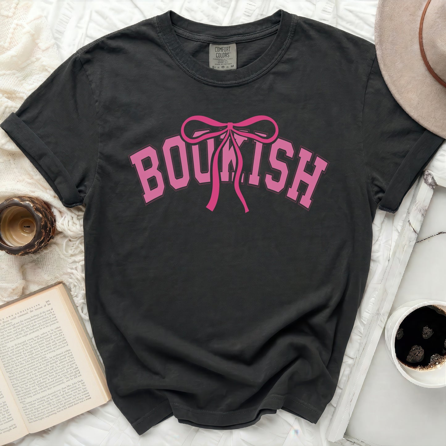 Black t-shirt with "BOUKISH" and a pink bow graphic.
