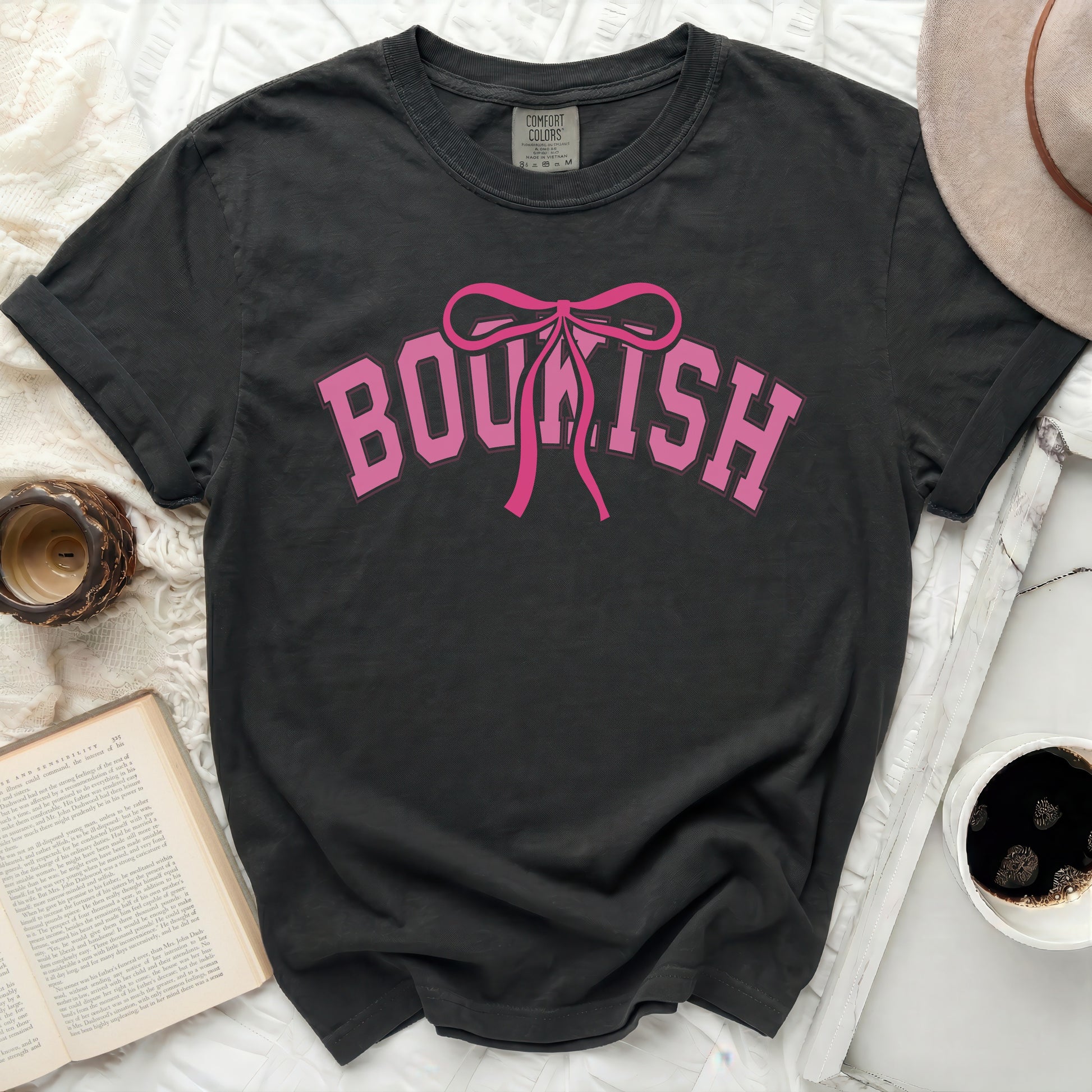Black t-shirt with "BOUKISH" and a pink bow graphic.