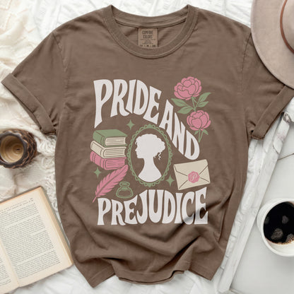 "Pride and Prejudice" t-shirt with vintage book and floral design.