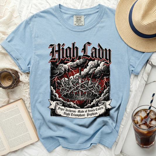 Light blue t-shirt with "High Lady" design, crown of thorns, and text.