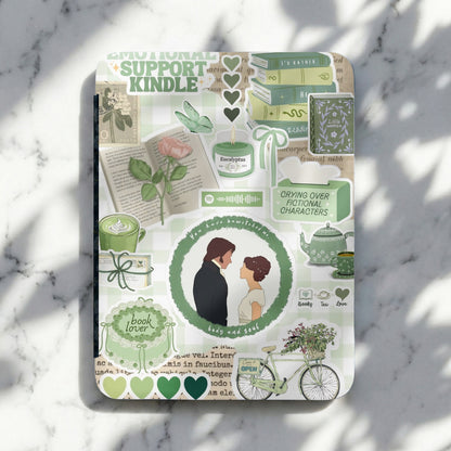 Green themed journaling stickers with books, tea, a candle, and romantic couple illustration.