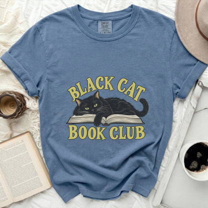 Blue t-shirt with black cat on open book, "Black Cat Book Club" text.