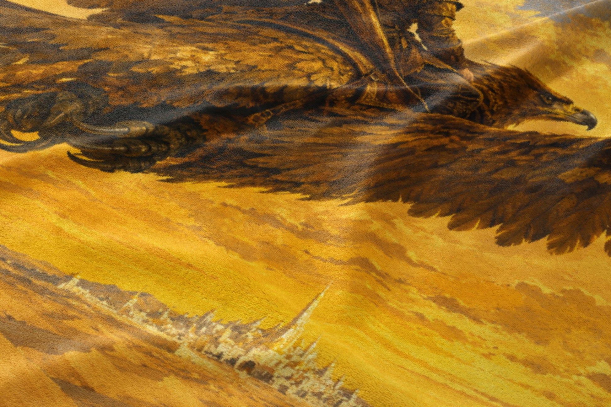 A brown eagle with a rider soars over a stylized white city.