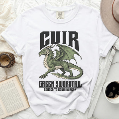White t-shirt with green dragon graphic and text "CUIR" and "GREEN SWORDTAIL".