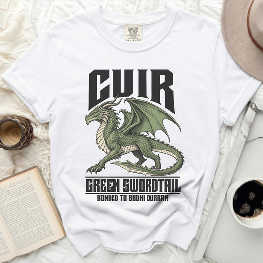 White t-shirt with green dragon graphic and text "CUIR" and "GREEN SWORDTAIL".