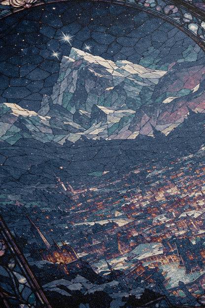 a night scene with a starry sky and a mountain range in the background, with a cityscape below.