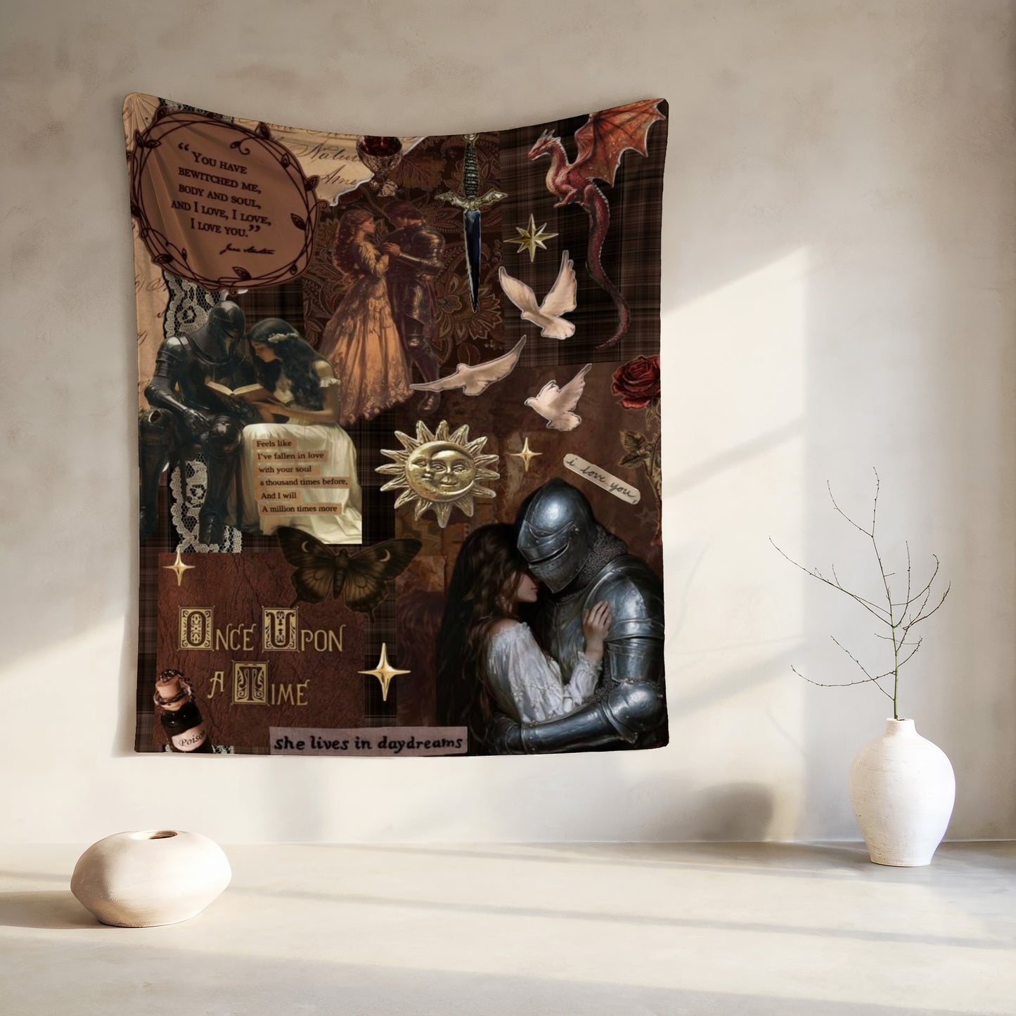 Collage: knight and woman embrace, dragon, sword, poem, and "Once Upon a Time" text.