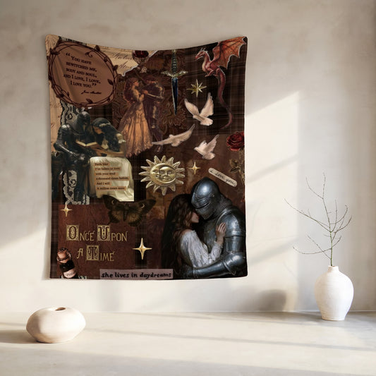 Collage: knight and woman embrace, dragon, sword, poem, and "Once Upon a Time" text.