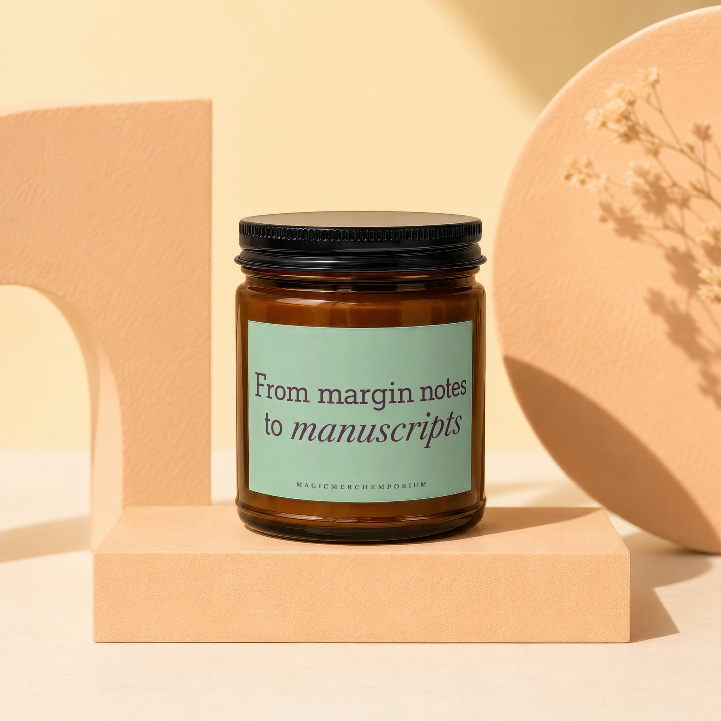 Ambiguous candle jar with text "From margin notes to manuscripts" from MagicMerchEmporium.