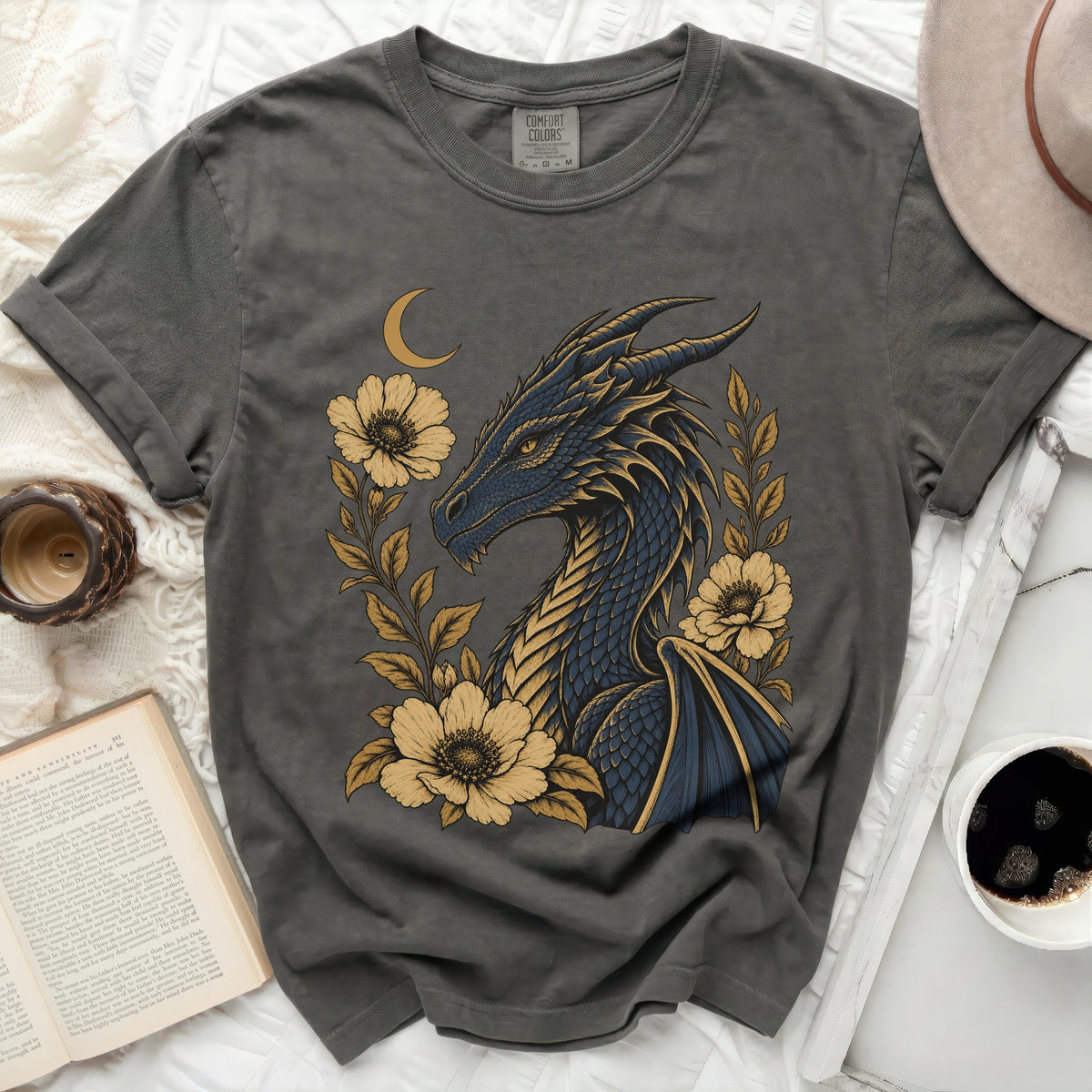 Gray t-shirt with a dark blue and gold dragon and floral graphic.