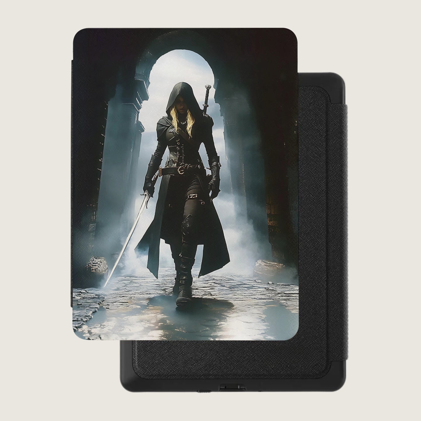 Blonde hooded warrior sword archway misty fantasy product type