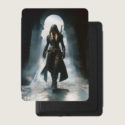 Blonde hooded warrior sword archway misty fantasy product type