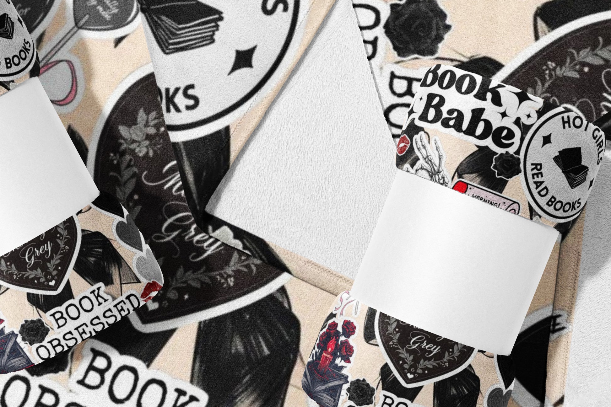 Collage of book-themed stickers including "Book Babe", "Hot Girls Read Books", and "Book Obsessed".