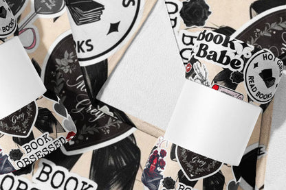 Collage of book-themed stickers including "Book Babe", "Hot Girls Read Books", and "Book Obsessed".