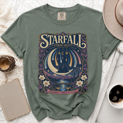 Green t-shirt with "Starfall Viewing Society" and "Velaris Once a Year" text.