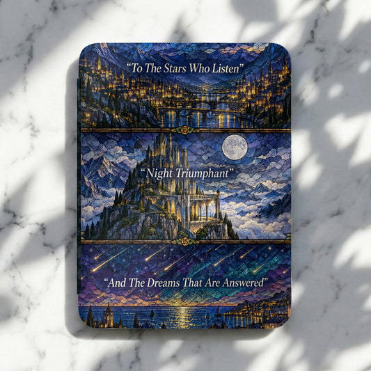 A protective case featuring a fantasy landscape design with stained glass style panels and inspirational quotes.