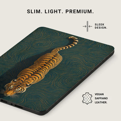 Tiger pattern case with "SLIM. LIGHT. PREMIUM." and "VEGAN SAFFIANO LEATHER." text.