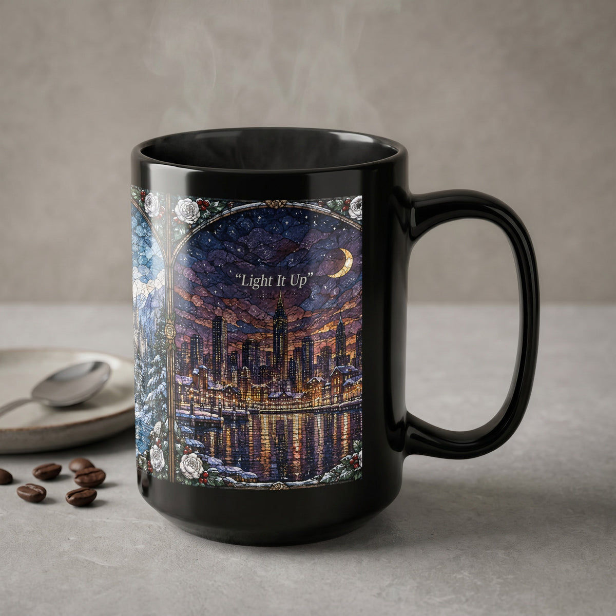A black ceramic mug featuring a stained-glass city illustration and the text Light It Up.