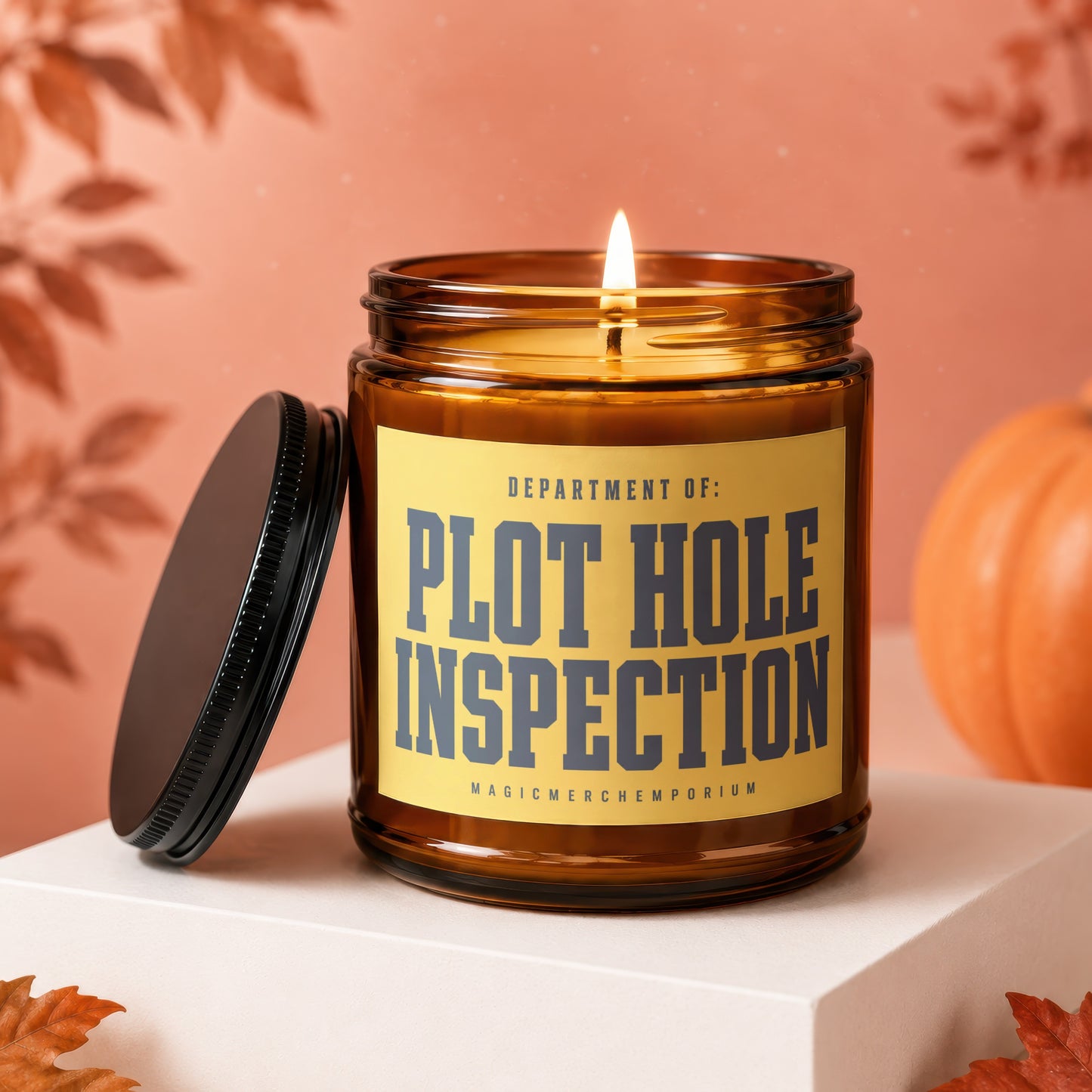 Amber jar candle with lit wick and lid, text "PLOT HOLE INSPECTION"