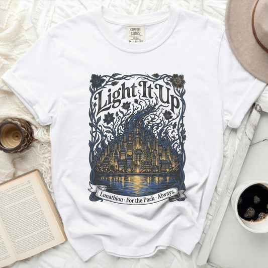 White t-shirt with "Light It Up Lunathion. For the Pack. Always." graphic.