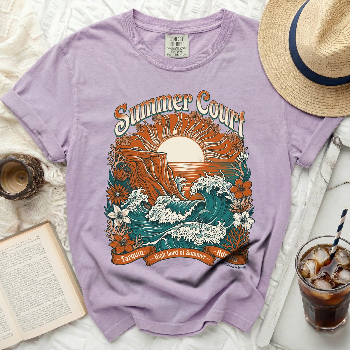 Purple t-shirt with "Summer Court Tarquin High Lord of Summer Adriata" graphic.
