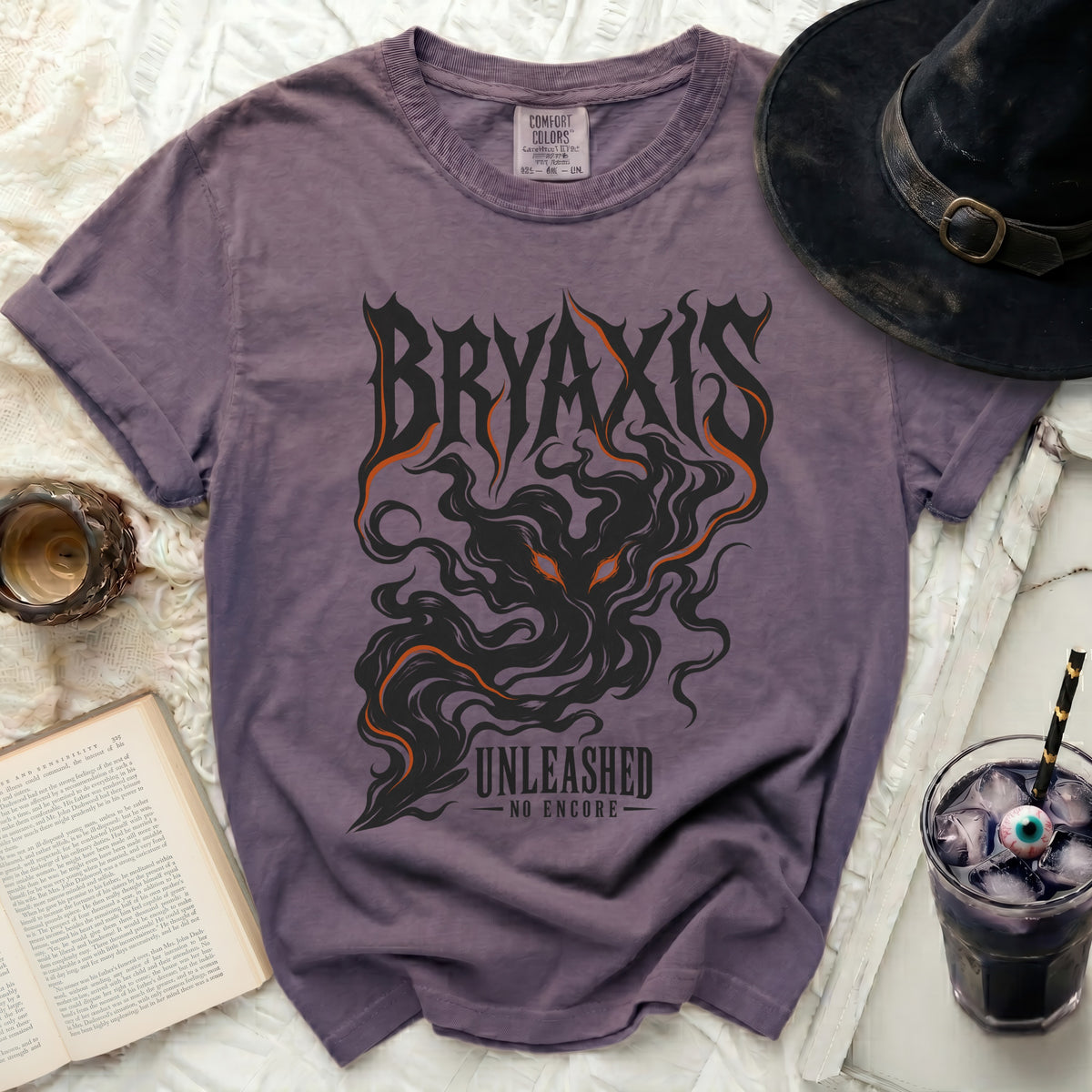 Purple t-shirt with "BRYAXIS UNLEASHED - NO ENCORE" graphic and spooky theme.