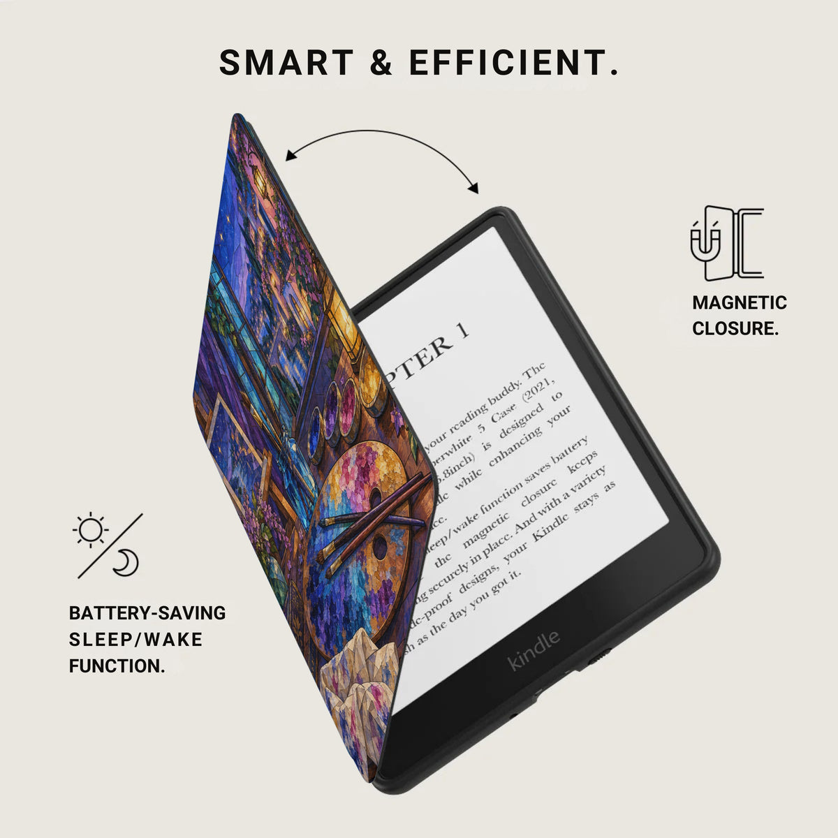 Kindle e-reader with stained glass cover and text about battery-saving and magnetic closure.