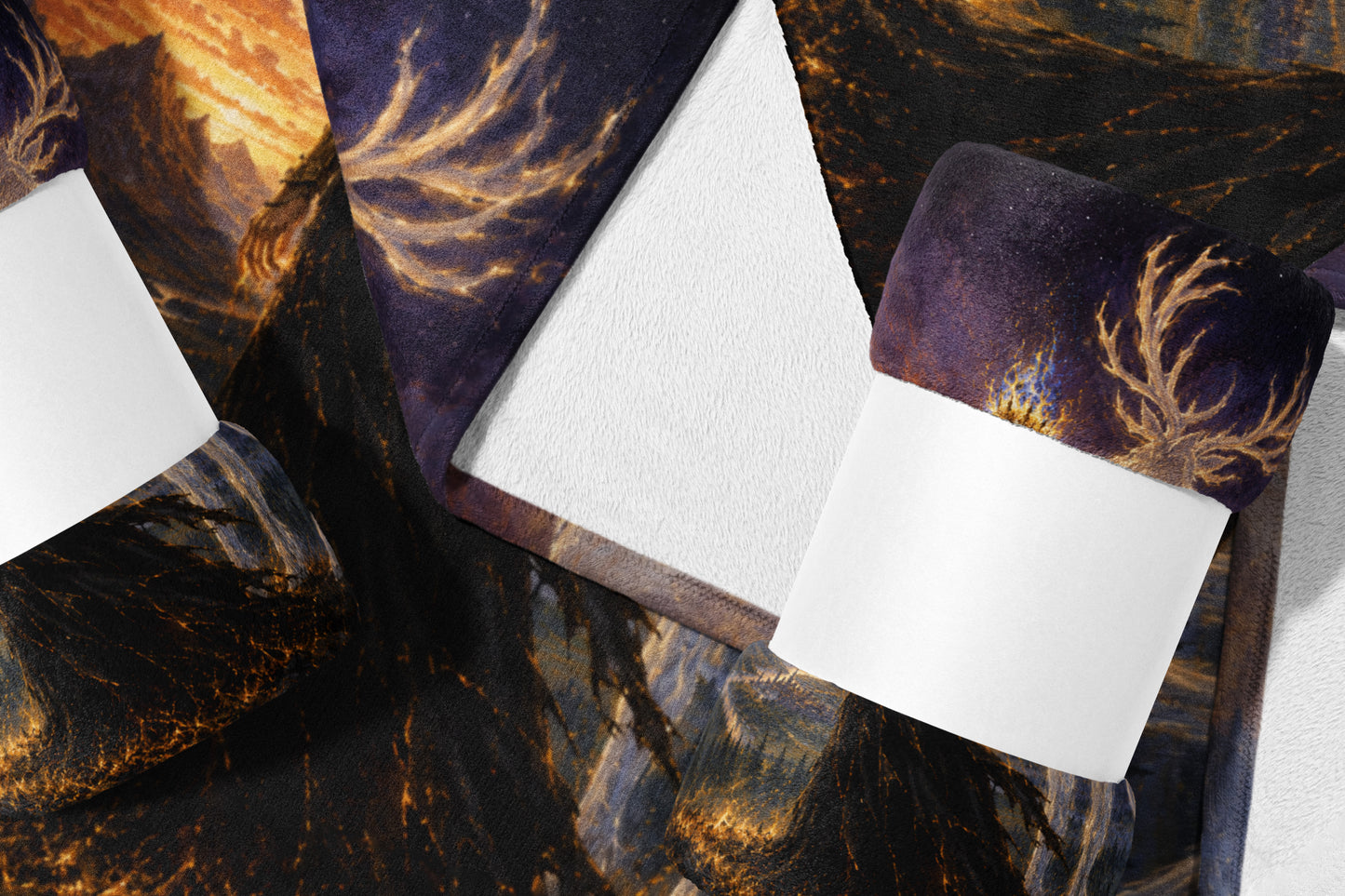 Dark abstract forest design with white borders on plush fabric.