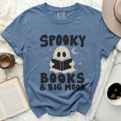 Blue t-shirt with "Spooky Books & Big Mood" text and a ghost reading.