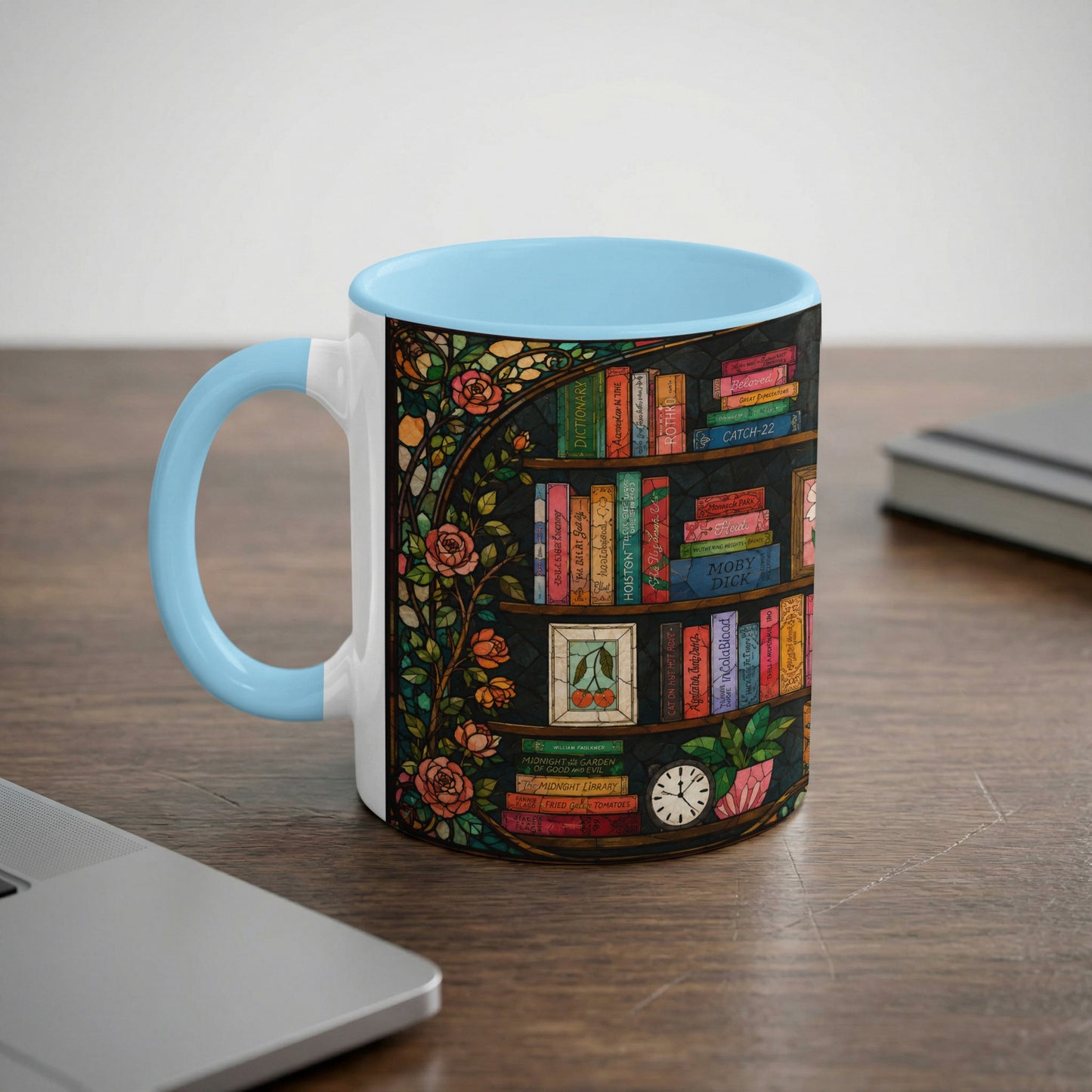 Mug with light blue handle featuring a faux stained-glass bookshelf design.