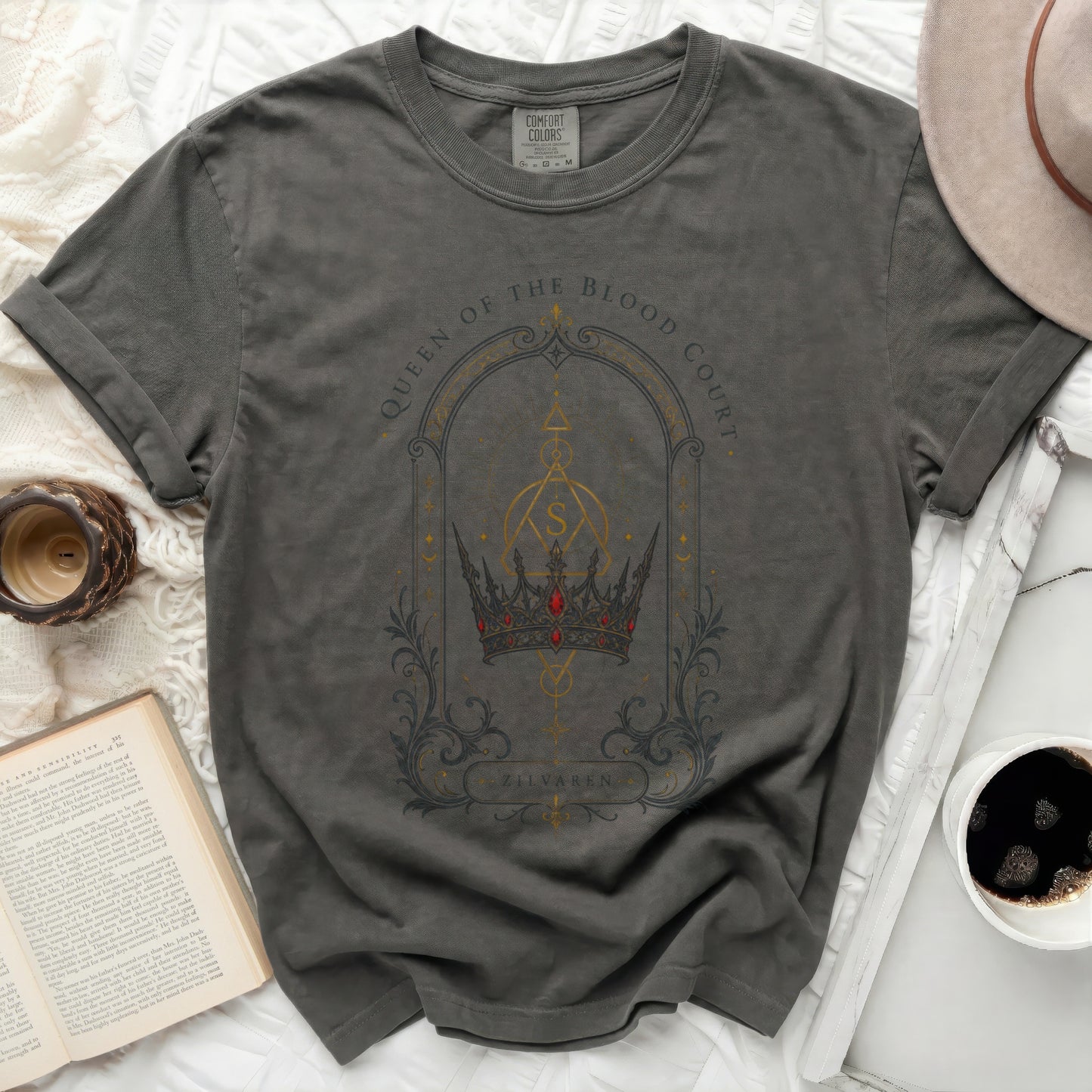 Dark gray t-shirt with "Queen of the Blood Court" and crown graphic.