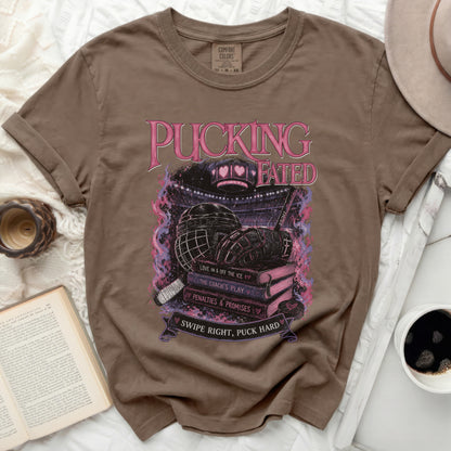 Brown t-shirt with "Pucking Fated" text and hockey graphics.