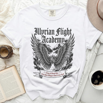 Illyrian Flight Academy white t-shirt with wings and lightning graphic.