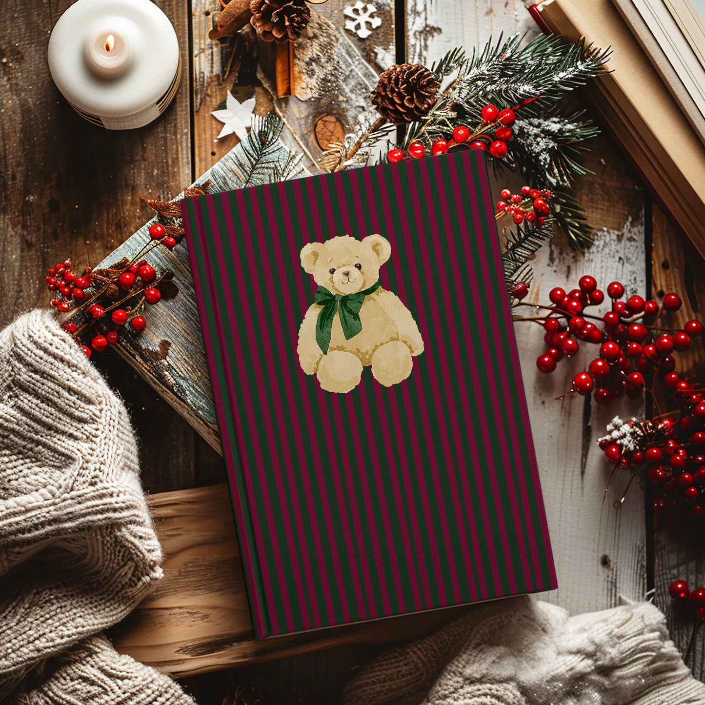 Festive Striped Teddy Bear Journal with Holiday Design