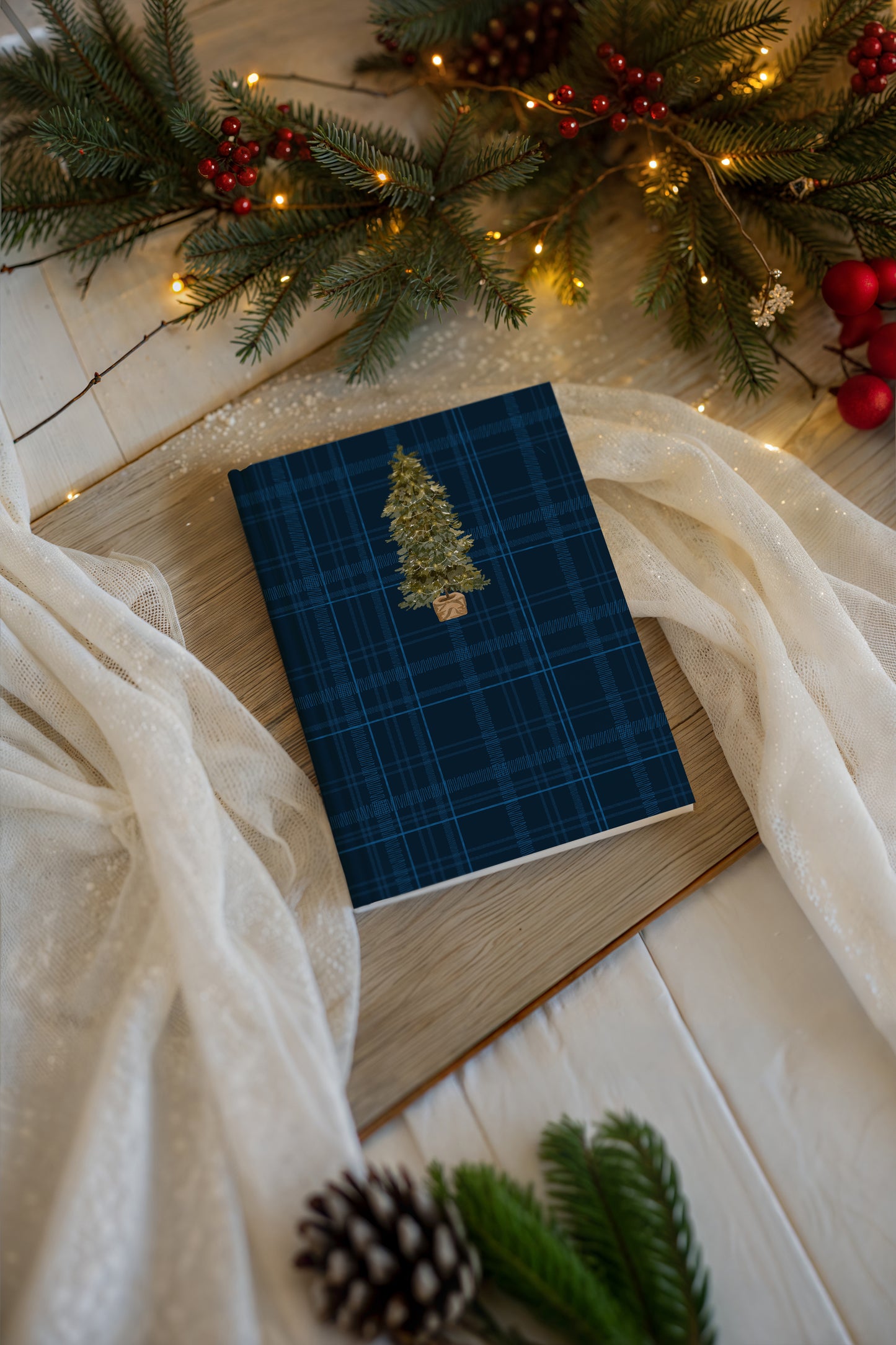 Navy Tartan Notebook with Christmas Tree Print Design